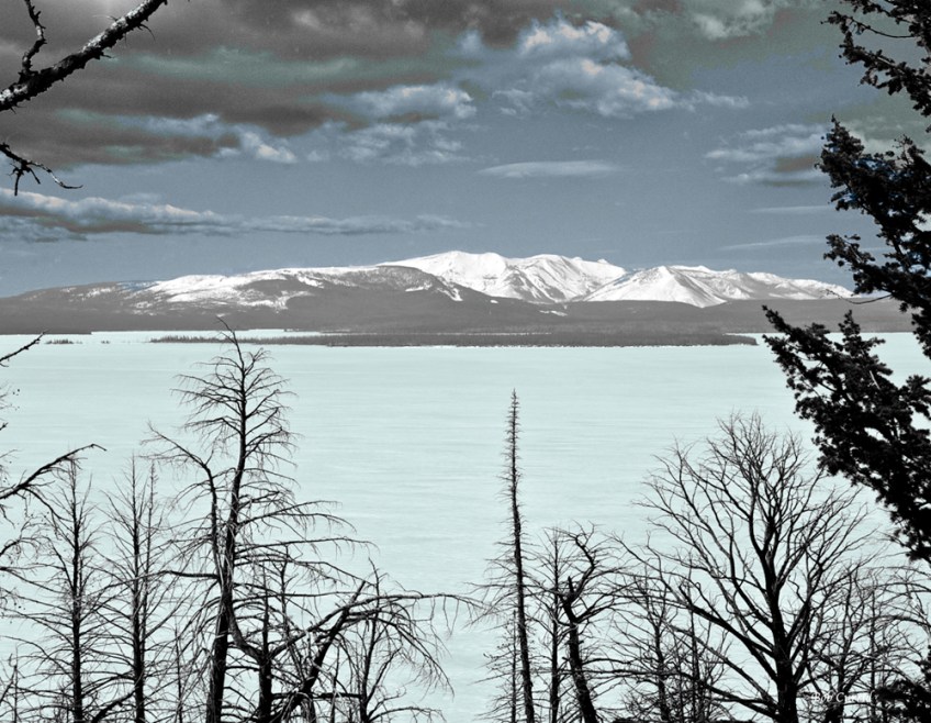 photo of Lake Yellowstone, frozen over, processed as tricolor, Yellowstone National Park